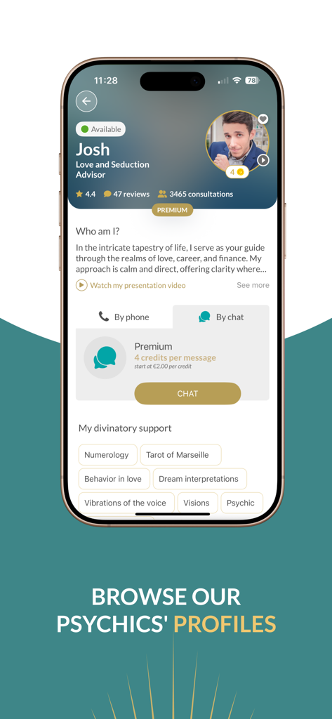 Interface of the iVoyance app displaying a psychic advisor profile with consultation options and specialties
