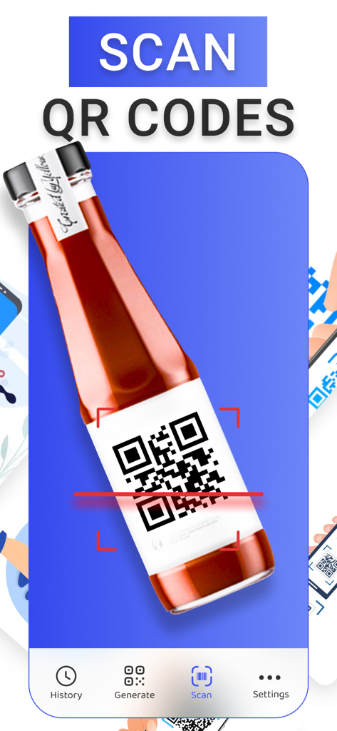 QR Code Reader・Barcode Scanner - Mobile app interface showing a red laser line scanning a QR code on a product bottle label.