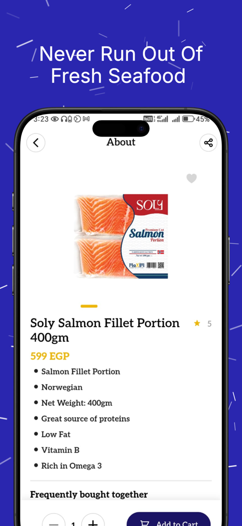 Maxim Seafood - Detail view of a salmon fillet product in the Maxim Seafood app featuring nutritional information and pricing.