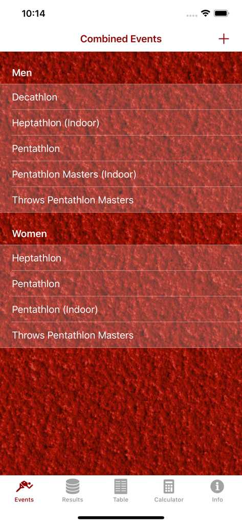 Athletics Score Calculator - Screen showing a list of combined track and field events for men and women