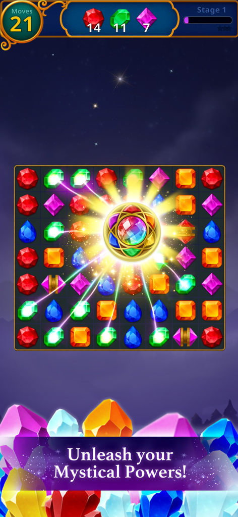 A match 3 puzzle board from Jewels Magic showing a glowing special booster and the text Unleash your Mystical Powers