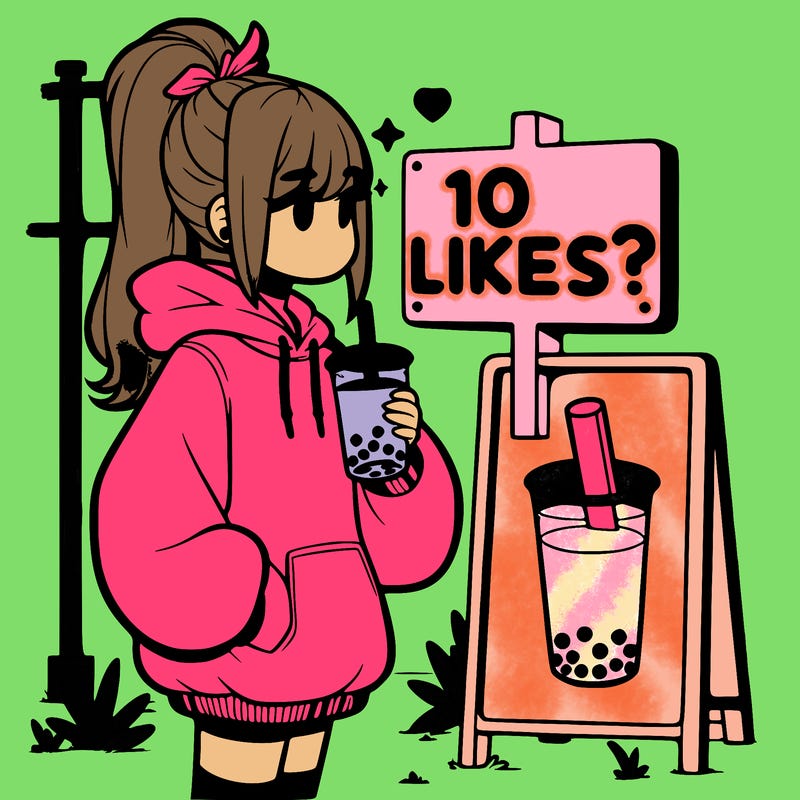girl with oversized hoodie drinking boba and she has a high ponytail with a sign that says 10likes?