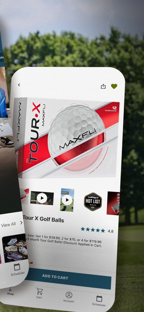 Golf Galaxy: Gear and Services - Product page for Maxfli Tour X golf balls in the Golf Galaxy mobile app featuring a sale price and add to cart button