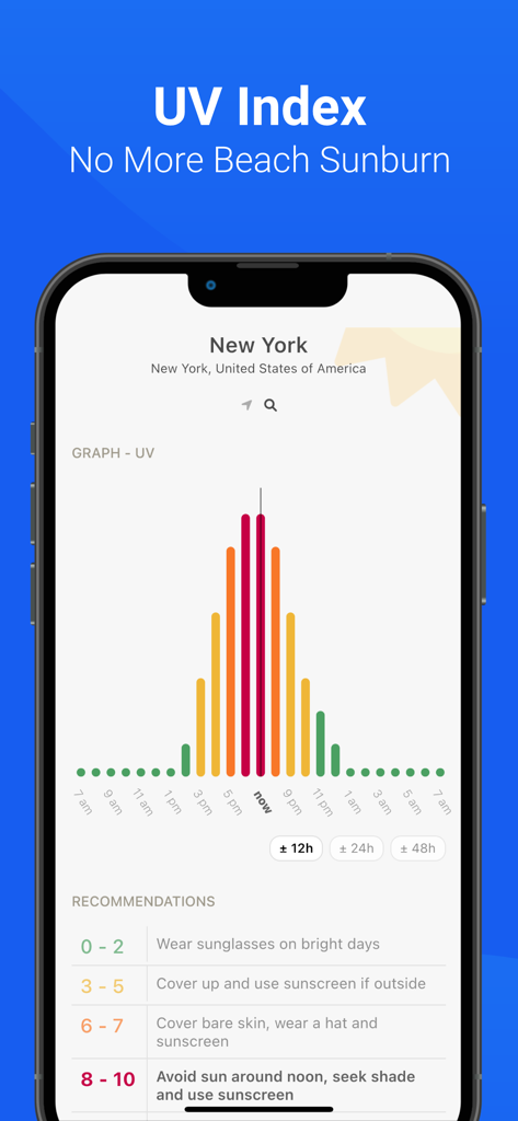 Air Quality & Pollen - AirCare - AirCare app interface showing a UV index graph and safety recommendations for New York