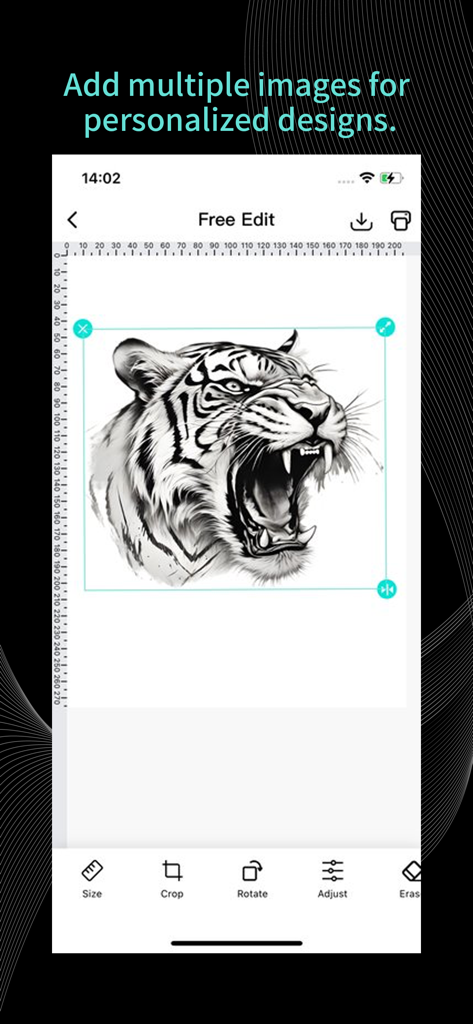 Tattoo Go - Tattoo Go app interface for editing tattoo designs including a tiger graphic and editing tools
