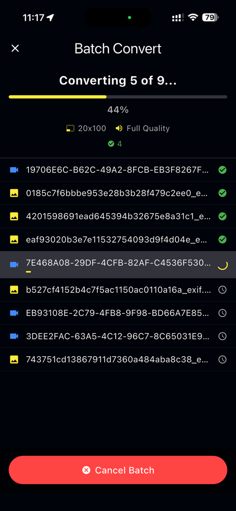 Batch convert screen of the LOWER camera app showing progress for multiple low resolution files