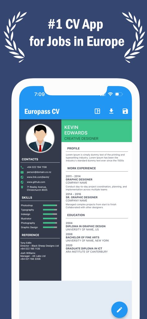 Interface of the Europass CV Maker app showing a professional resume template for jobs in Europe