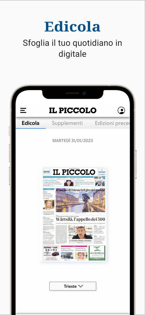 il Piccolo - Pantalla de smartphone que muestra el quiosco digital y la portada del periódico il Piccolo