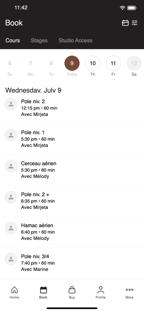 CHROME STUDIO - The booking screen of the Chrome Studio app showing a daily schedule for pole dancing and aerial fitness classes.