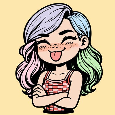 realistic girl crossing her arms and wearing a tank top with her tongue held out she has long hair