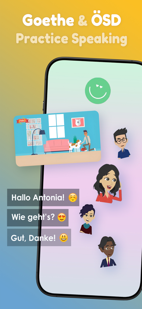 Hello German - Learn German - Interface do aplicativo Hello German para prática de conversação Goethe e OSD com diálogos animados.