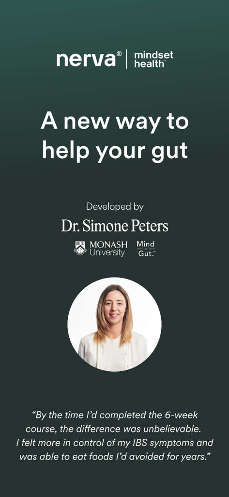 Nerva App Promotion-Bildschirm mit Entwicklerin Dr. Simone Peters und dem Logo der Monash University für Gehirn-Darm-Therapie