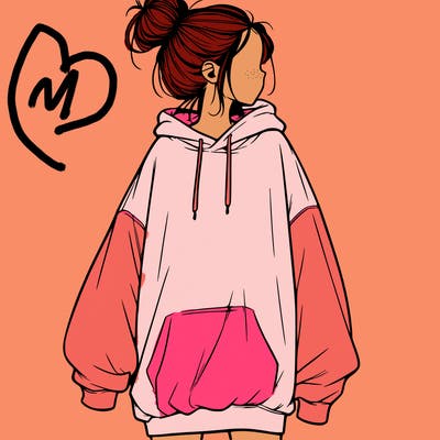 realistic girl with a oversized sweatshirt on and a bun