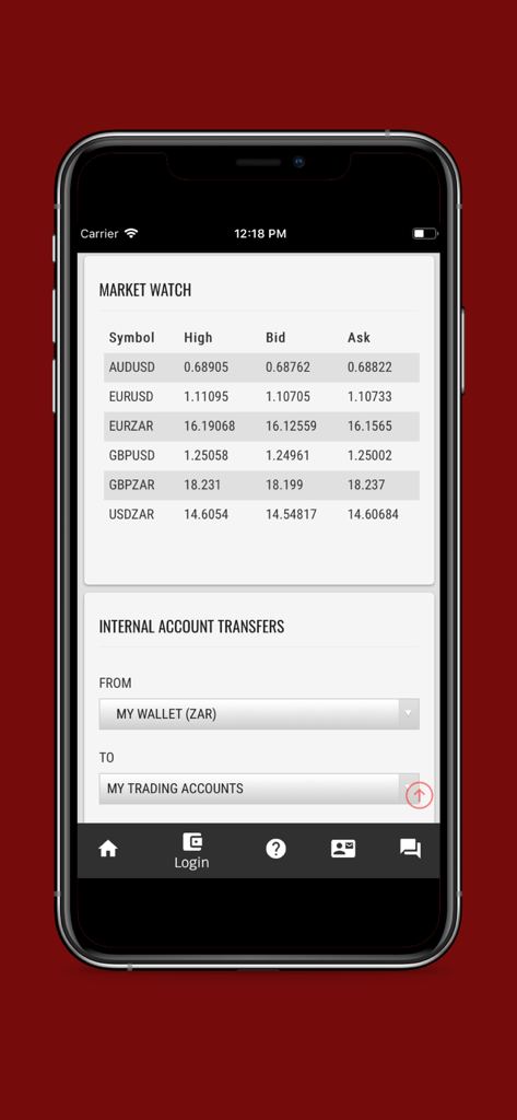 JP Markets mobile app displaying real-time forex rates and internal account transfer options.