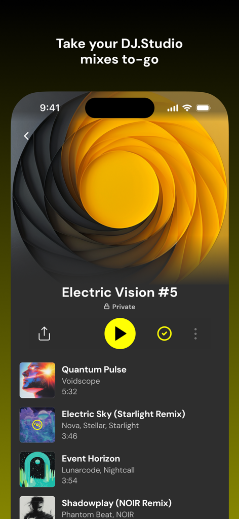 Interfaz de la aplicación móvil DJ.Studio mostrando una lista de reproducción de mezclas personalizadas titulada Electric Vision 5
