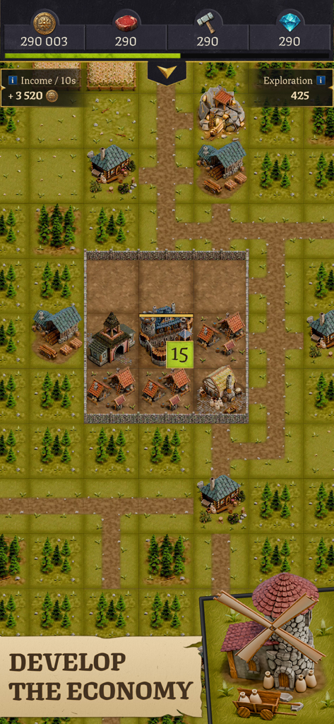 Vue de dessus d'une interface de construction d'empire médiéval dans Legacy of Kings avec gestion des ressources et développement de la ville