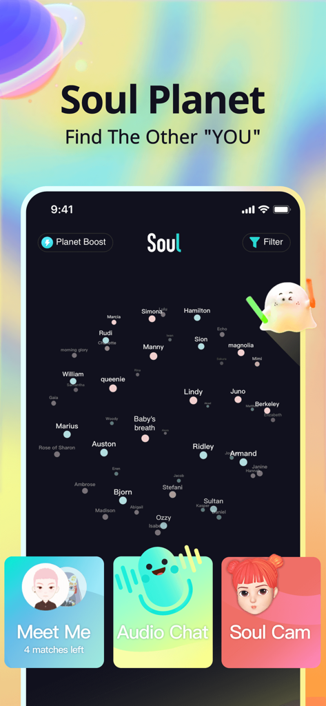 L'interface de l'application Soul montrant la fonction Soul Planet où les utilisateurs découvrent les autres dans une disposition de galaxie virtuelle.
