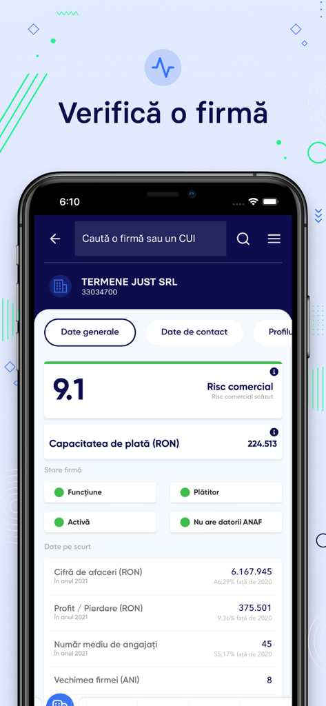 Termene.ro - Smartphone screen displaying the Termene.ro app with detailed business data and risk assessment for a Romanian company