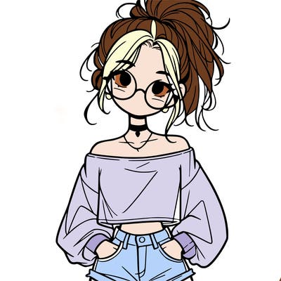 girl with a messy ponytail glasses a baggy crop top and jean shorts