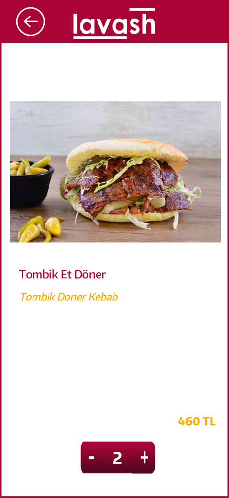 Tombik Doner Kebab ordering screen in the Lavash mobile app