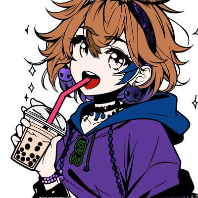 hot baddie anime girl drinking boba and biting the straw