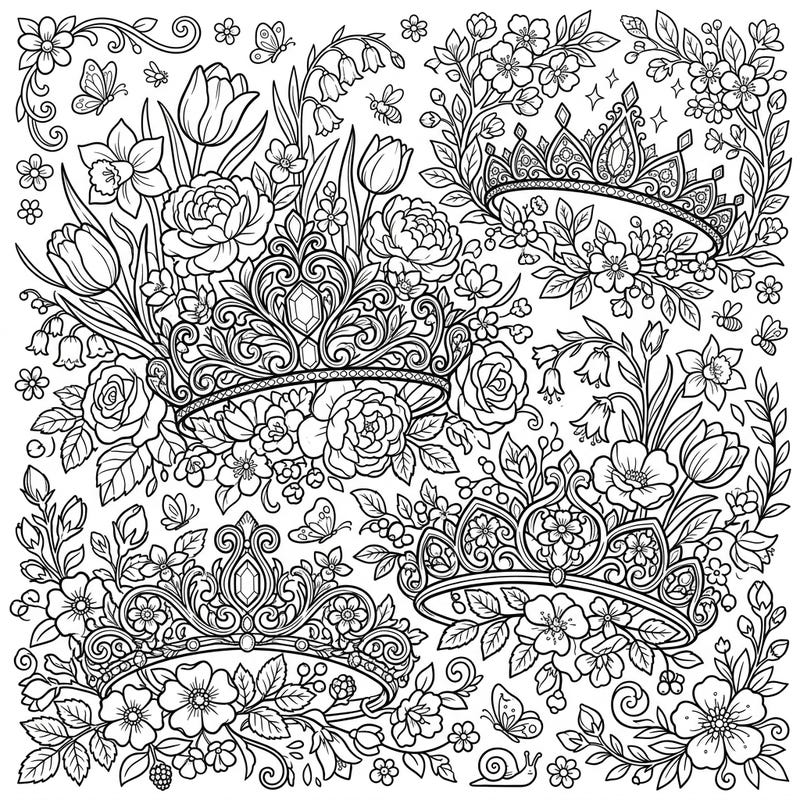 Dive into a world where royal elegance meets spring's gentle charm with this exquisite coloring page. Featuring ornate tiaras nestled among a lush array of blooming flowers, it offers a captivating artistic escape.