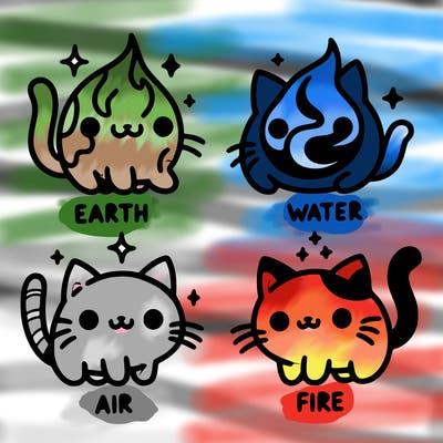 4 cats that represent the different elements, earth, water, air, and fire