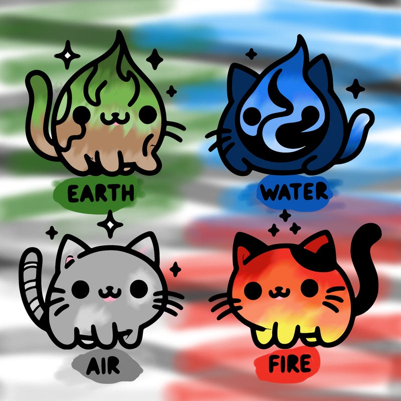 4 cats that represent the different elements, earth, water, air, and fire