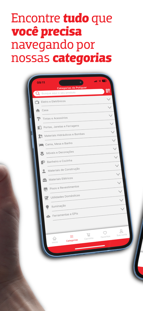 Potiguar Home Center 모바일 앱의 제품 카테고리 메뉴를 보여주는 스마트폰 화면