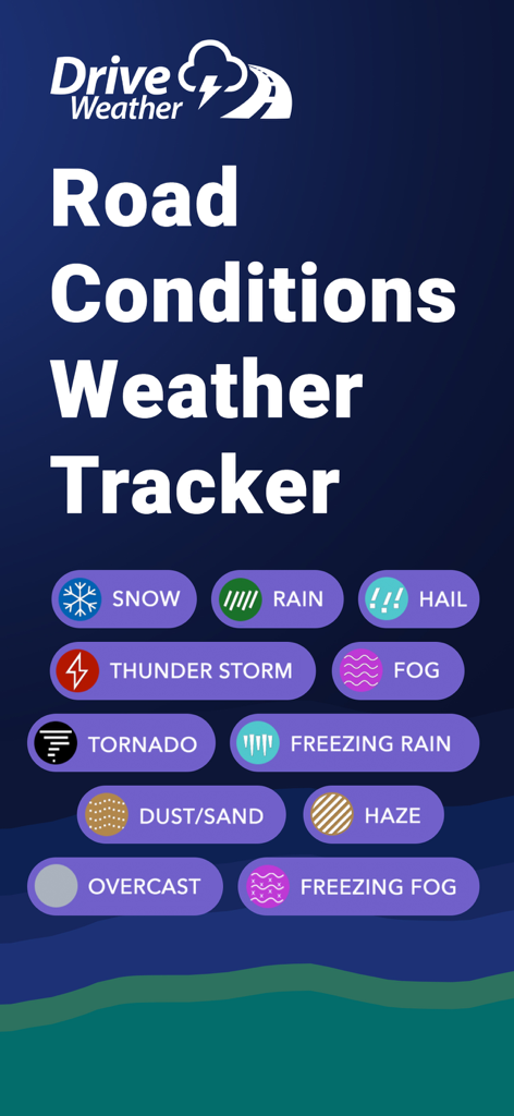 Drive Weather app showing icons for road conditions like snow rain and tornado alerts