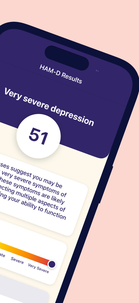 Depression Test App - HAM-D 우울증 검사 결과와 점수 51점, 매우 심각한 우울증 등급을 보여주는 모바일 앱 화면.