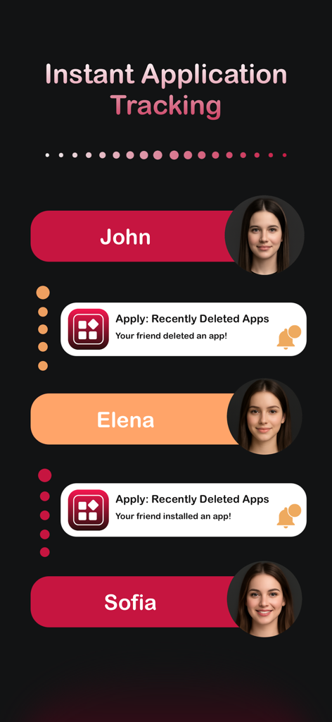 Apply: Recently Deleted Apps - Flux social dans l'application Apply montrant les notifications d'amis pour les applications récemment installées et supprimées