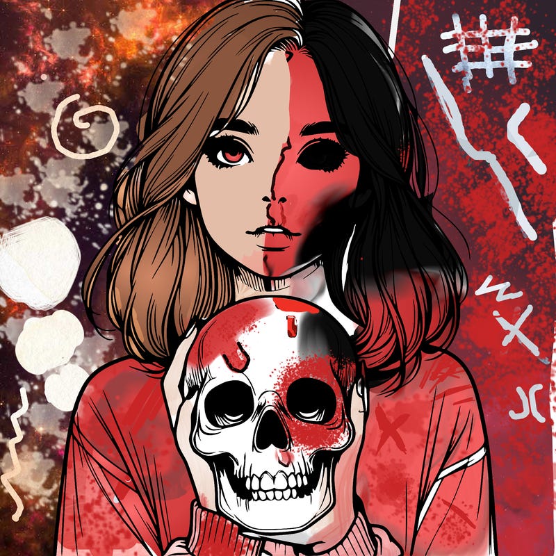 realistic girl holding a skull