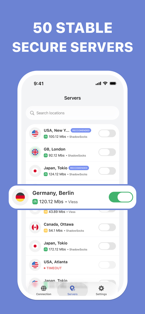 Rob VPN: Proxy master - Screenshot of Rob VPN showing a list of stable and secure global server locations including USA UK and Germany with connection speeds