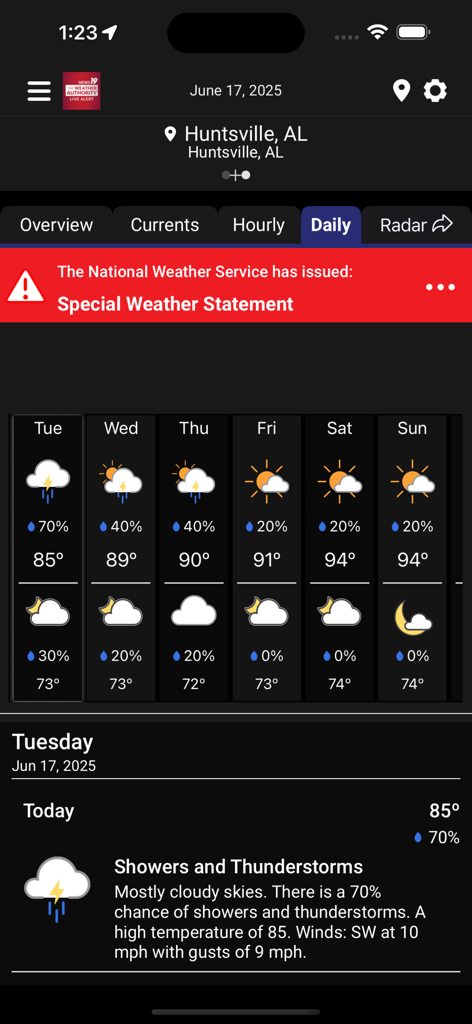 WHNT Live Alert 19 daily weather forecast and special weather statement for Huntsville Alabama