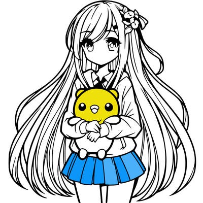a girl with long hair holding a plushie also anime styled
