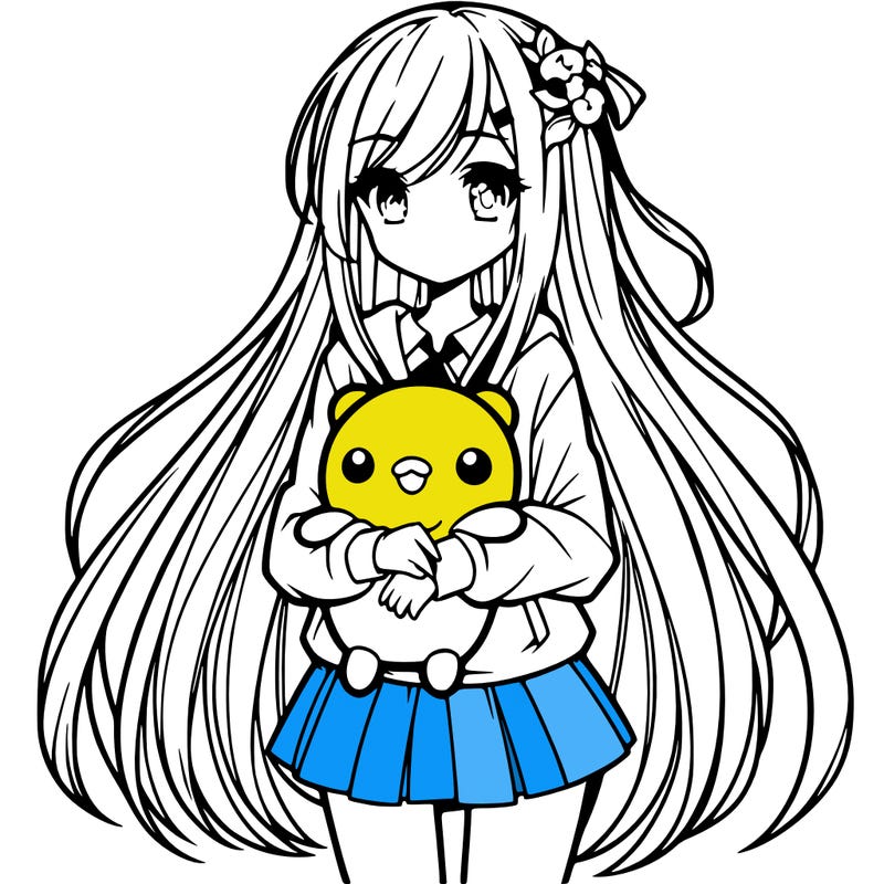 a girl with long hair holding a plushie also anime styled