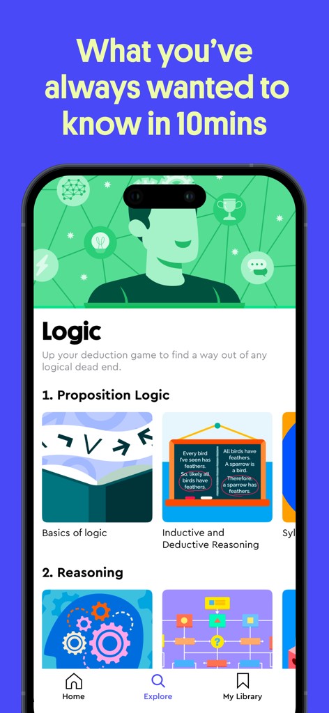 Interfaz de la aplicación Loomi que muestra la categoría de Lógica con lecciones sobre lógica proposicional y razonamiento inductivo y deductivo.