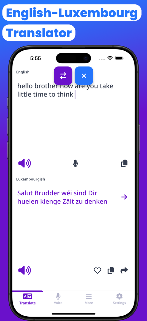 Luxembourg-English Translator - iPhone screen showing English to Luxembourgish translation of a sentence with voice and audio features