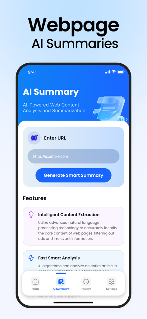 Interface de l'application Sécurité IA pour les résumés de pages Web alimentés par l'IA.