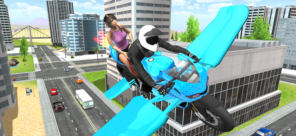 Una moto voladora azul con alas transportando un conductor y un pasajero sobre una ciudad.