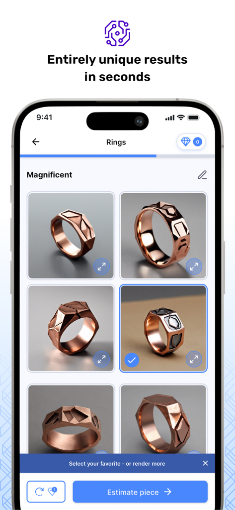 ARQ Jewelry Design - Interfaz de la aplicación móvil ARQ Jewelry Design mostrando una colección de anillos geométricos únicos generados por IA para pedidos personalizados