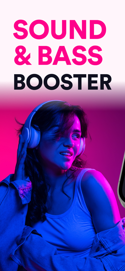Una mujer con auriculares bajo luces de neón vibrantes con el texto Sound and Bass Booster