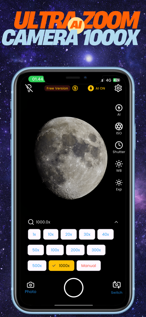 Screenshot of the Galaxy Camera AI app showing a clear 1000x zoom photo of the moon with manual pro controls