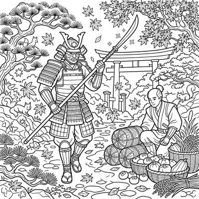 Step into a captivating autumn scene where a valiant samurai warrior stands amidst a bountiful Japanese harvest. This intricate coloring page invites you to explore the rich details of feudal Japan and the beauty of the fall season.