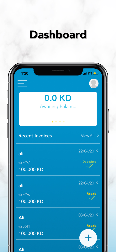 Dashboard-Ansicht der MyFatoorah-App, die den ausstehenden Saldo und die neuesten Rechnungen zeigt.