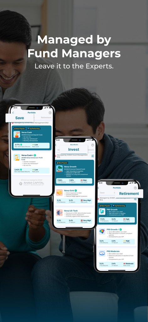 Versa: Save. Invest. Grow. - Versaアプリのインターフェース。専門家によって管理されるさまざまな投資ポートフォリオが表示されています。