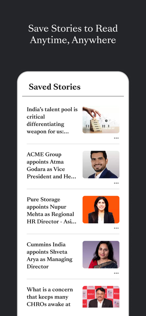 저장된 HR 뉴스 기사 및 임원 임명 목록을 보여주는 ETHRWorld 앱 인터페이스.