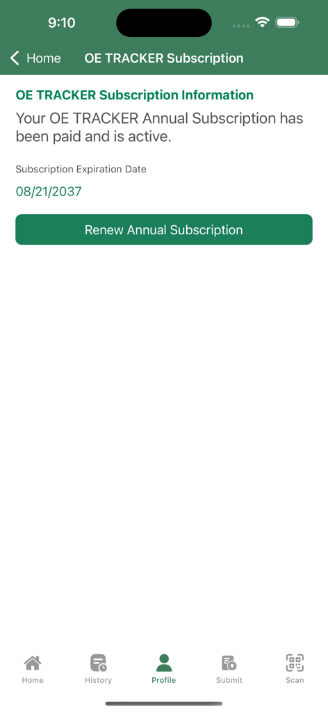 OE TRACKER attendance app - The profile section of the OE TRACKER app displaying active annual subscription status and expiration date.