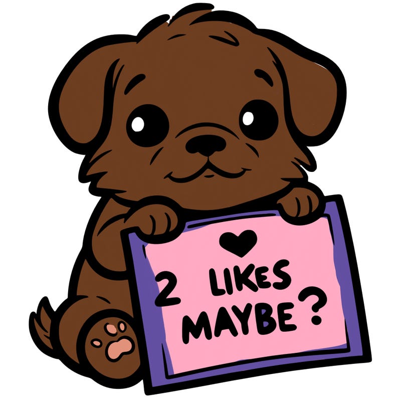a puppy holding a sign that says 2 likes maybe?
